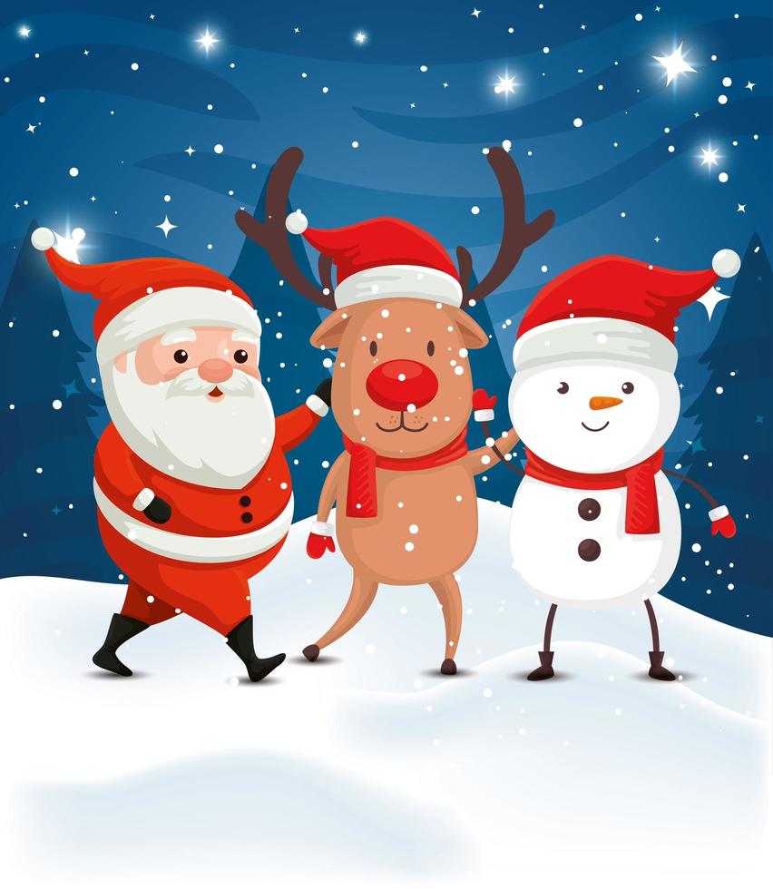 santa claus with reindeer and snowman in winter scene vector