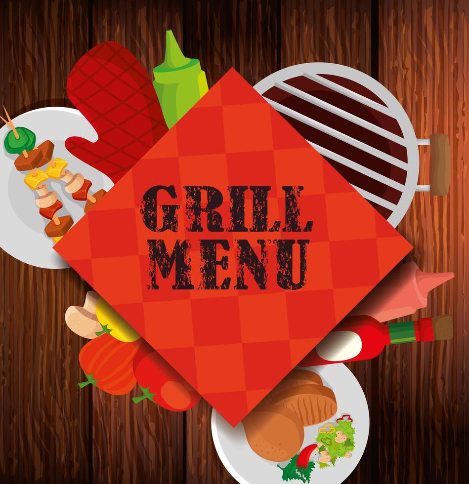 delicious grill menu with icons in background wooden vector