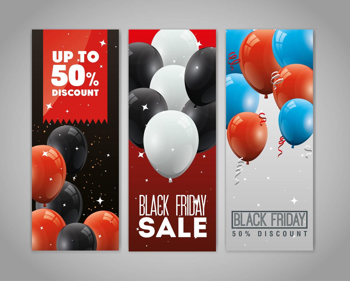 set poster black friday with balloons helium decoration vector