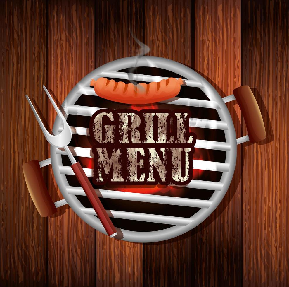 delicious grill menu with oven in wooden background vector