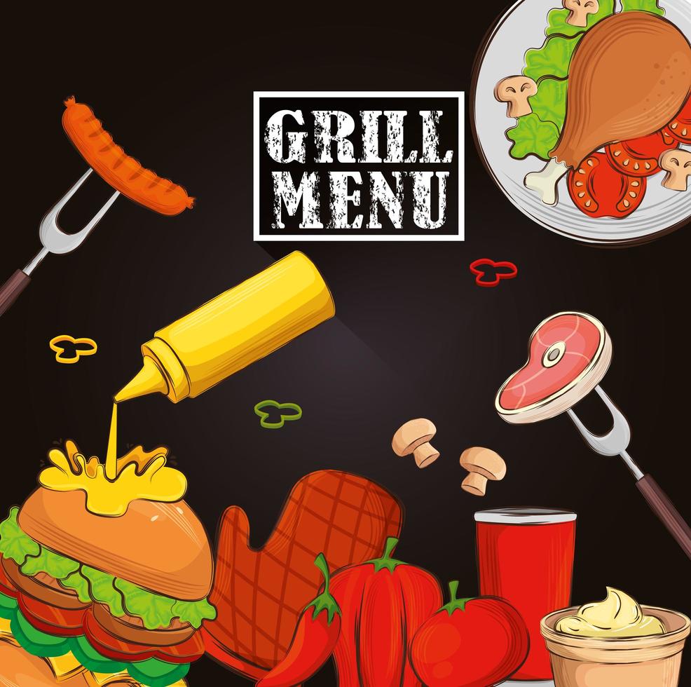 Menú grill con hamburguesa y comida deliciosa. vector