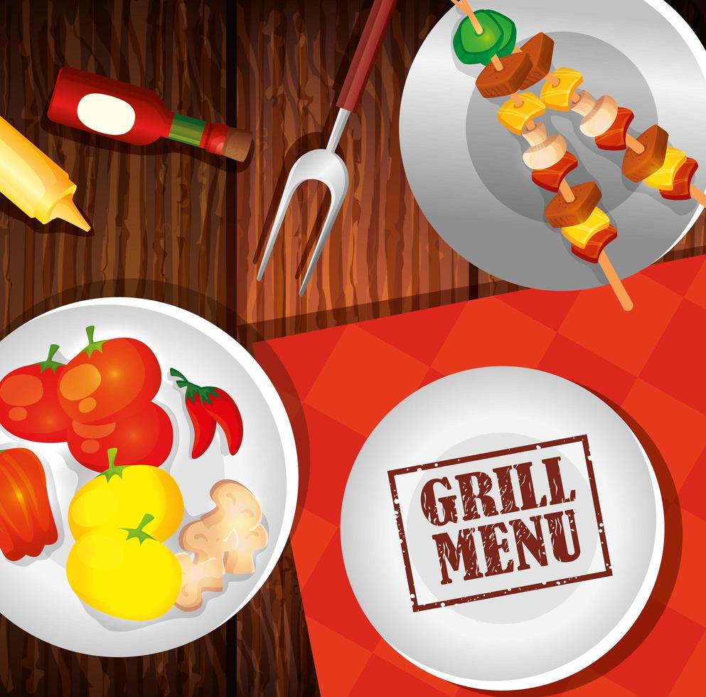 delicious grill menu and dishes with food in background wooden vector