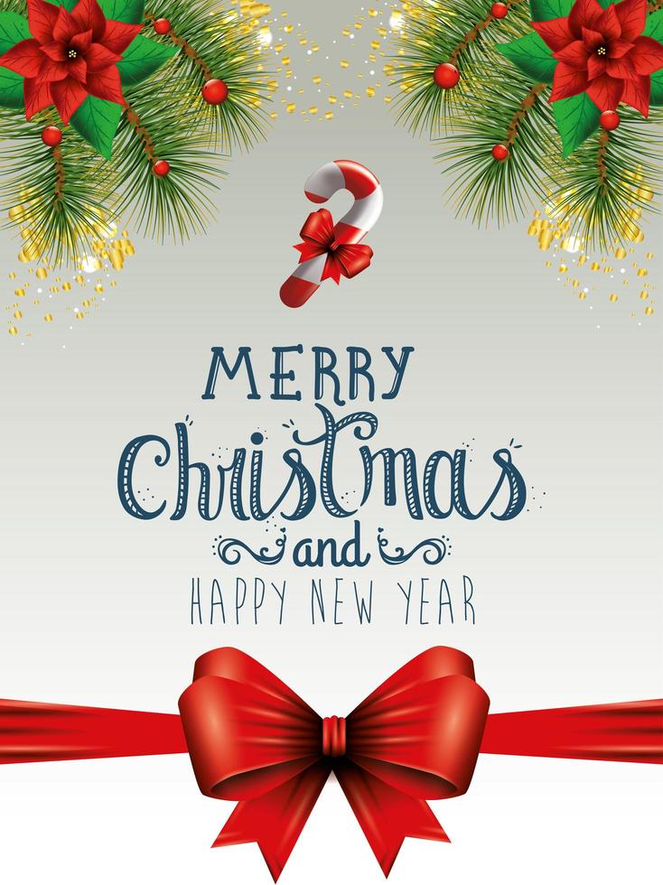 card merry christmas with bow ribbon and decoration vector