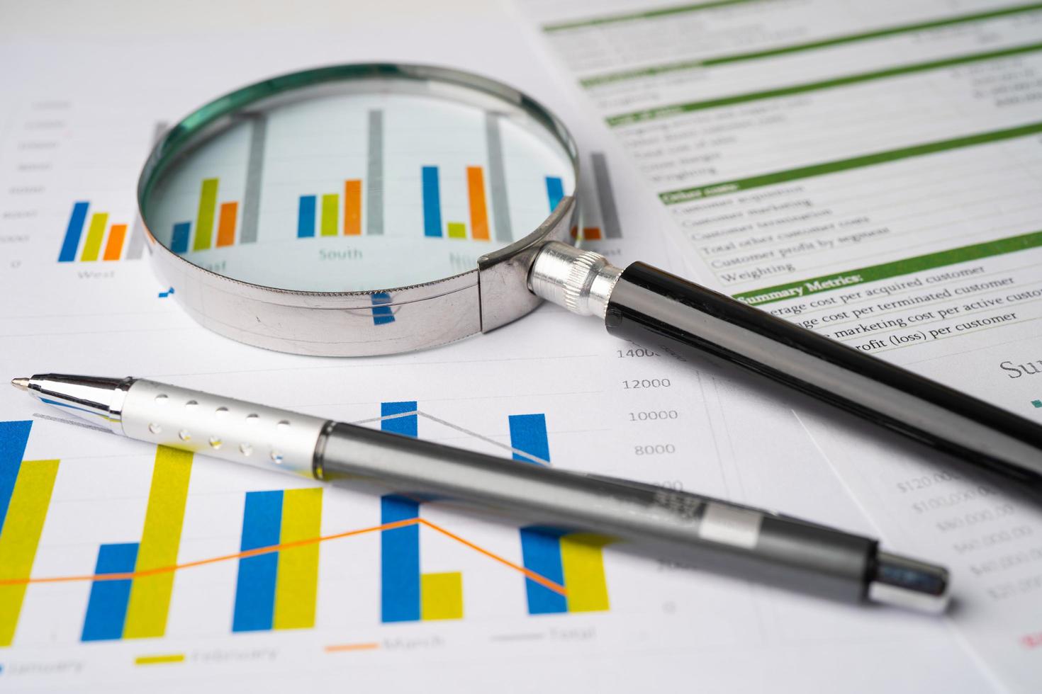 Magnifying glass on charts graphs paper. photo