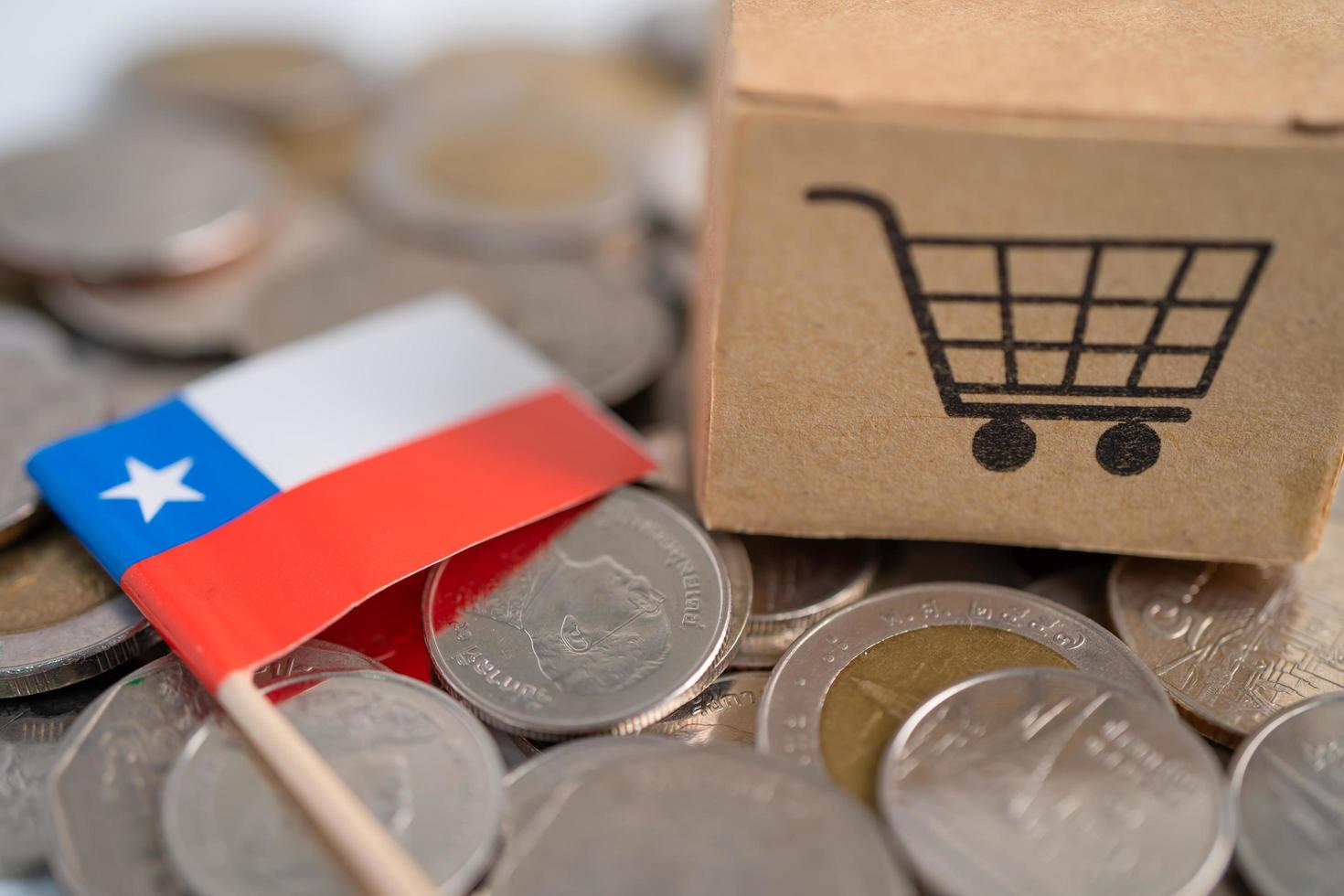 Stack of coins, shopping cart box with Chile flag, finance concept. photo