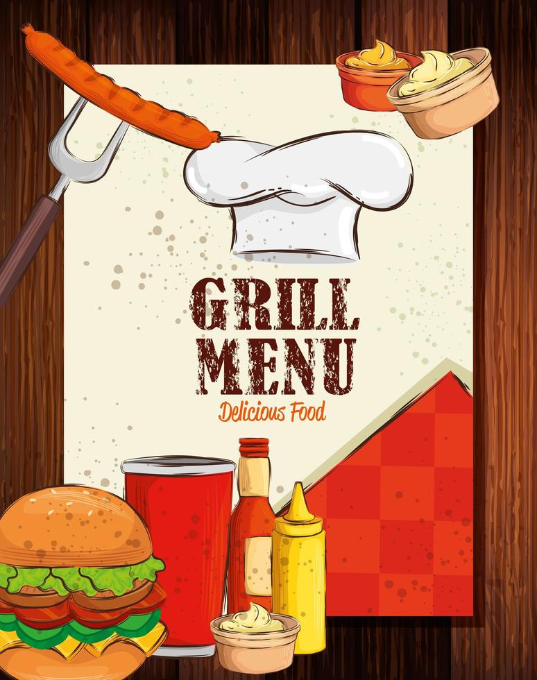 grill menu with hat chef and delicious food in wooden background vector