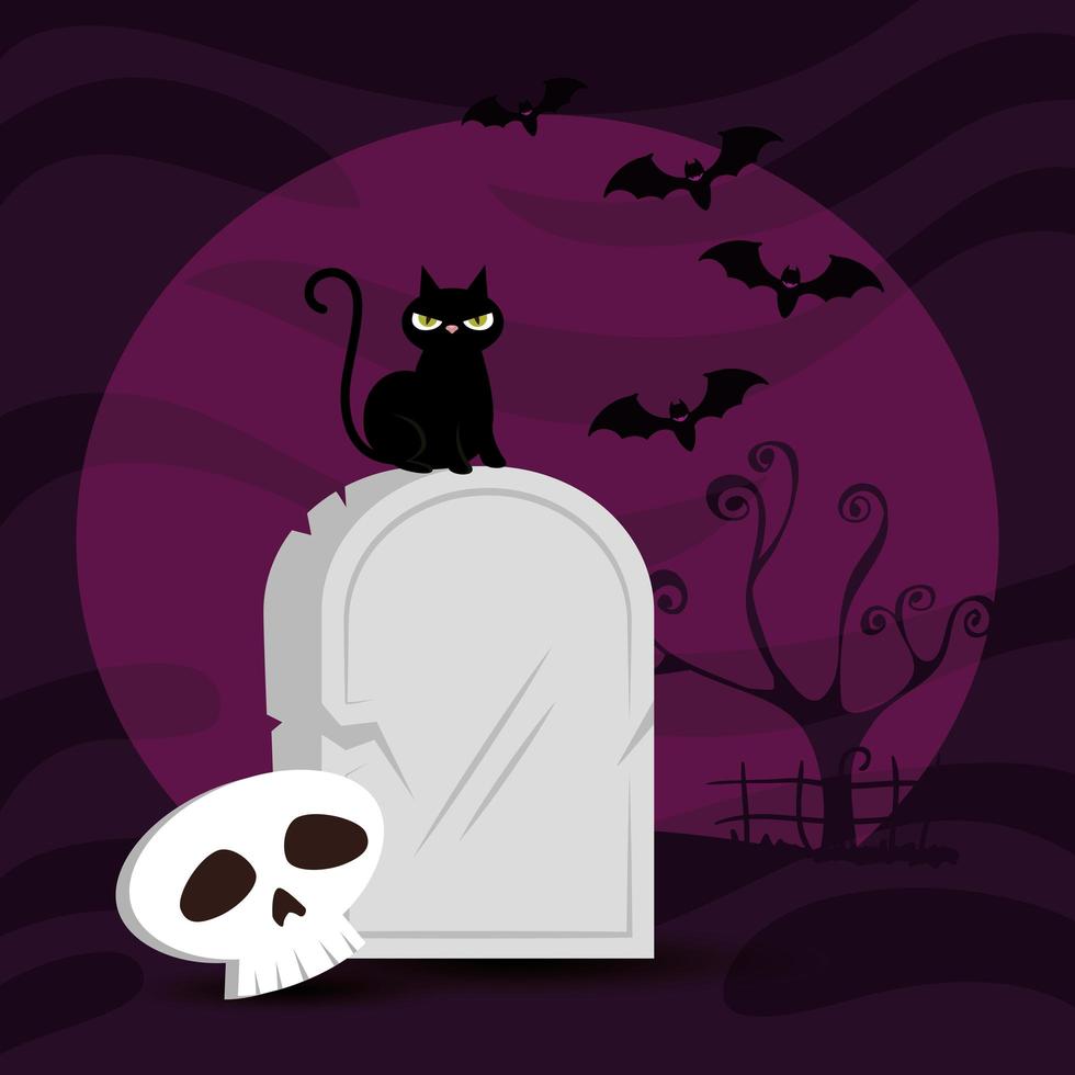 tumba con gato y calavera en escena halloween vector