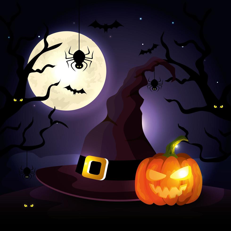 calabaza con sombrero de bruja en escena halloween vector