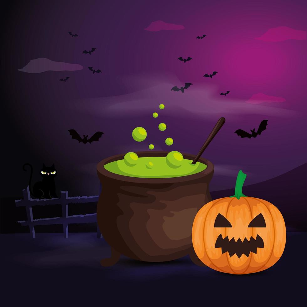 calabaza con caldero en escena halloween vector