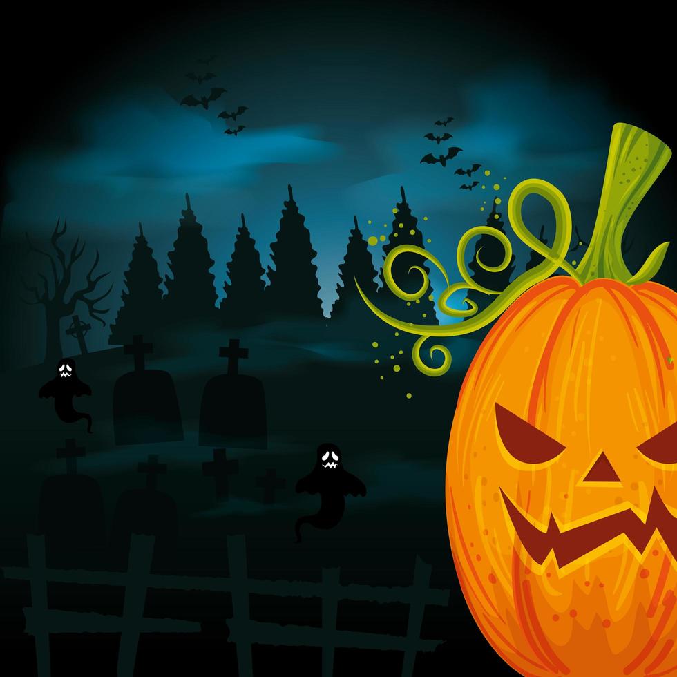 halloween pumpkin with tombs in dark night vector