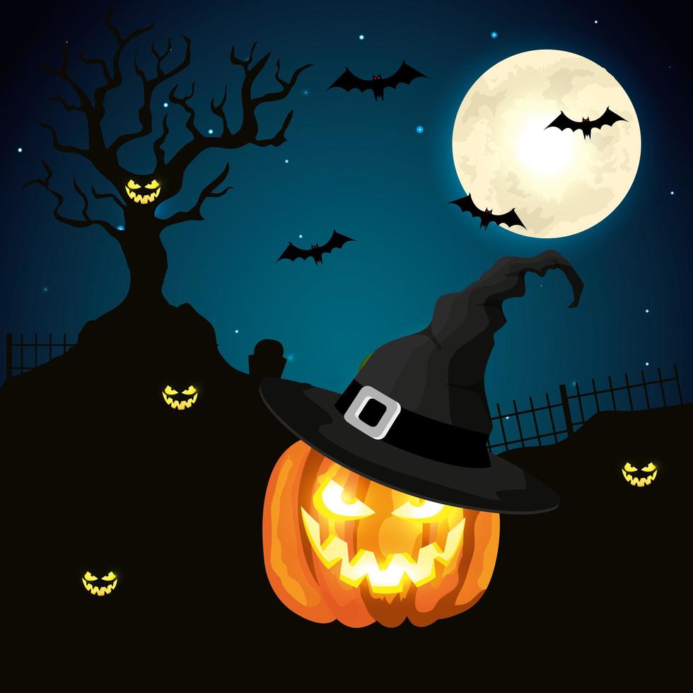 calabaza con sombrero de bruja en escena halloween vector