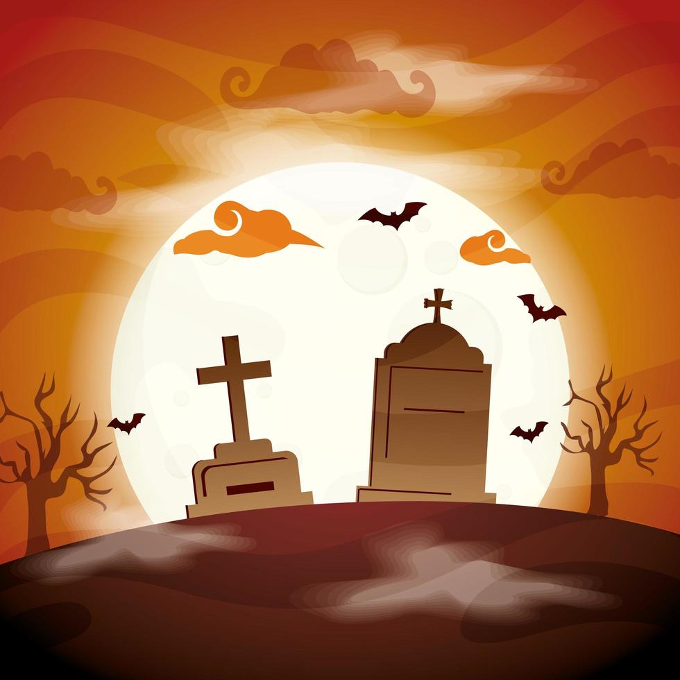 tombs of cemetery in scene halloween vector