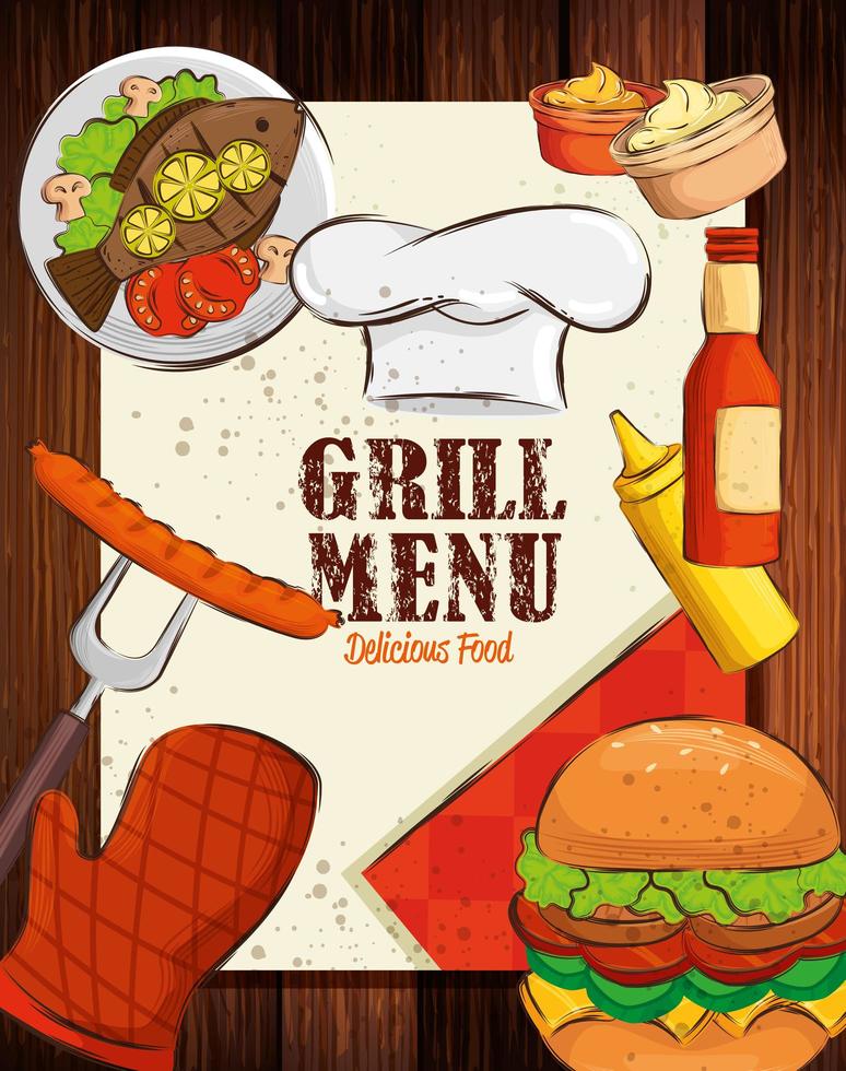 Menú grill con sombrero de chef y deliciosa comida en fondo de madera vector