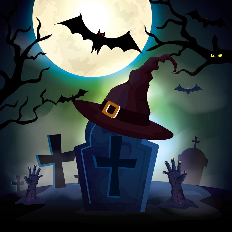 tumba con sombrero bruja en la noche oscura escena halloween vector