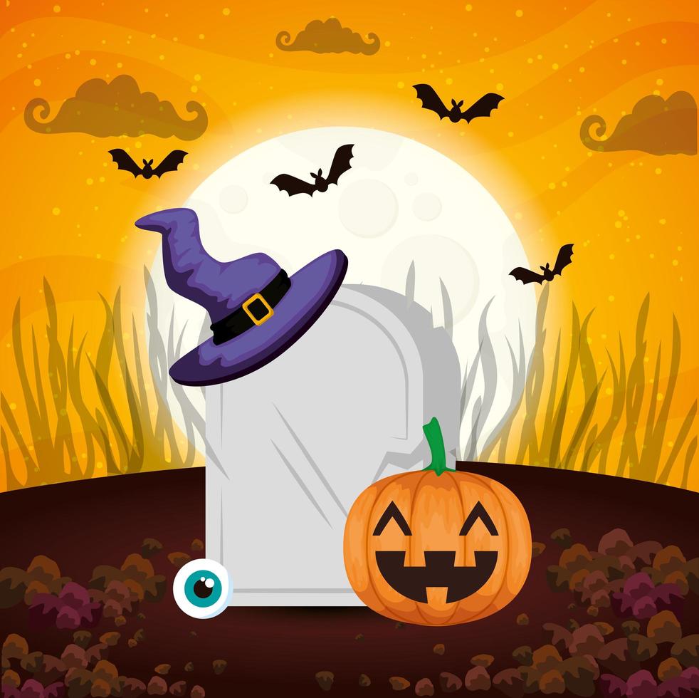 calabaza con tumba e iconos halloween vector