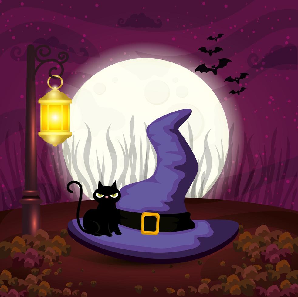 sombrero de bruja con gato en escena halloween vector