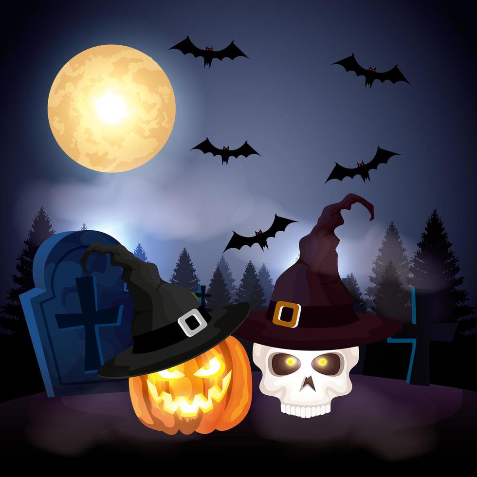 pumpkin with skull in the dark night halloween scene vector