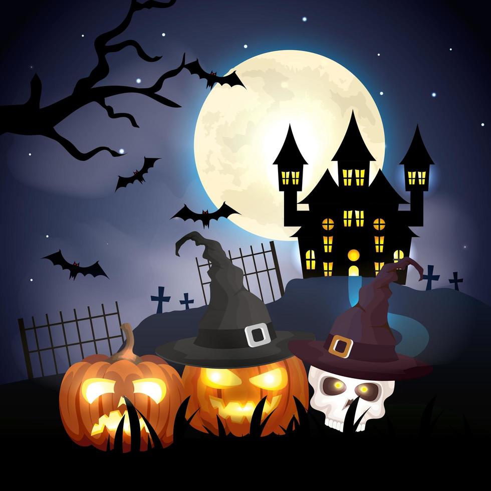 haunted castle with pumpkins in halloween scene vector