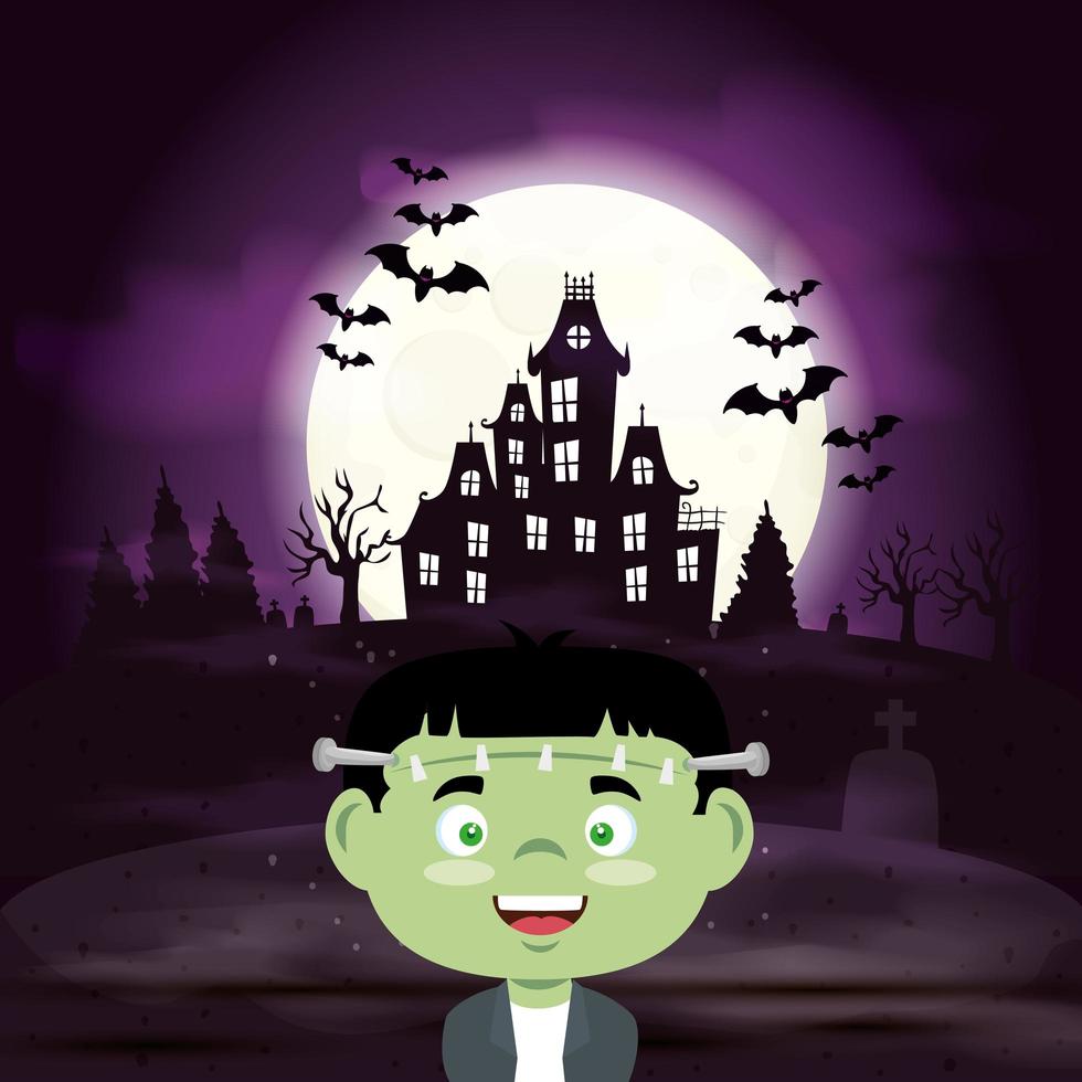 boy disguised of frankenstein in scene halloween vector