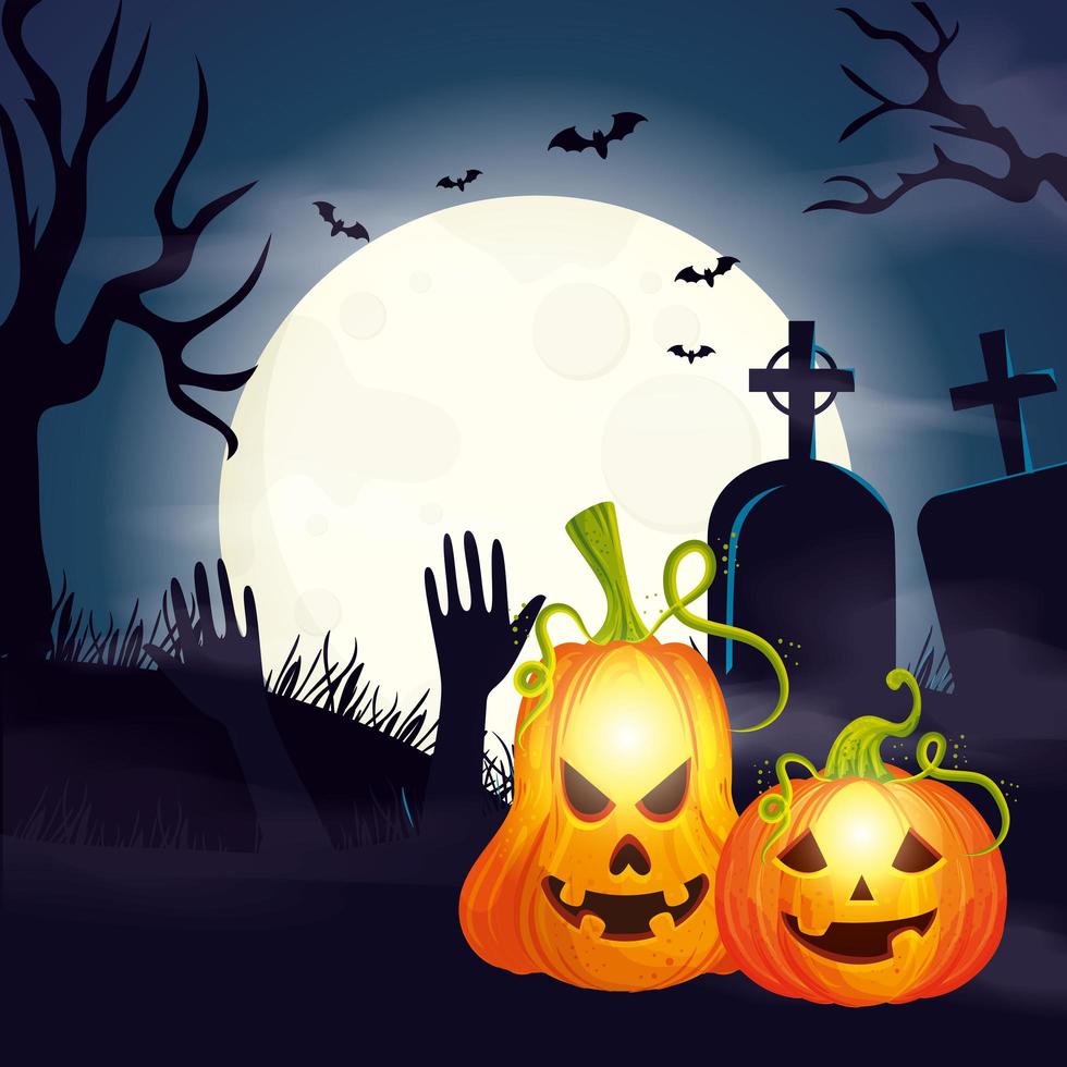 pumpkins in cemetery scene halloween vector