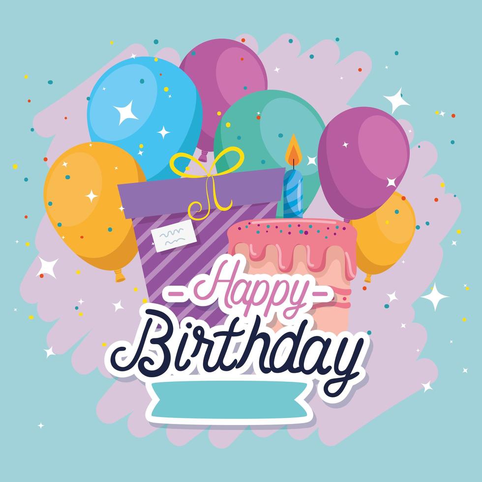 Happy Birthday gift balloons and cake vector design 3169292 Vector Art ...