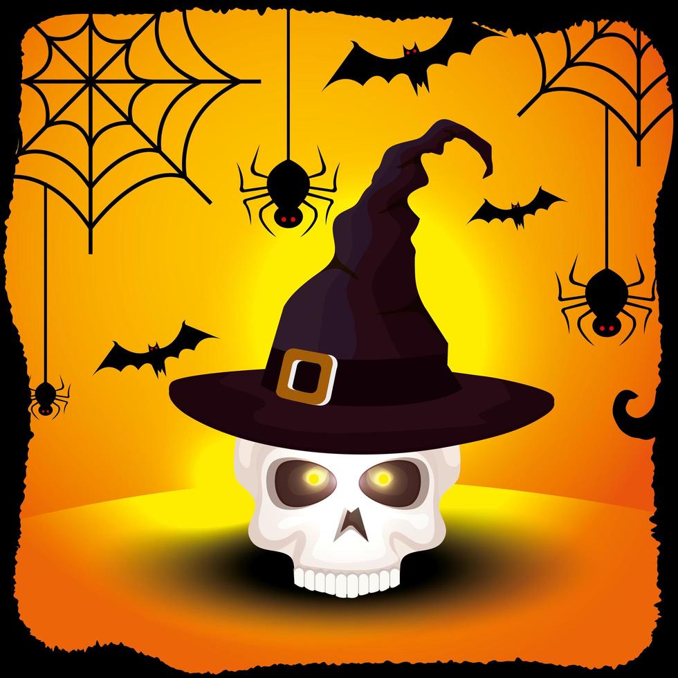 skull with witch hat in halloween scene vector