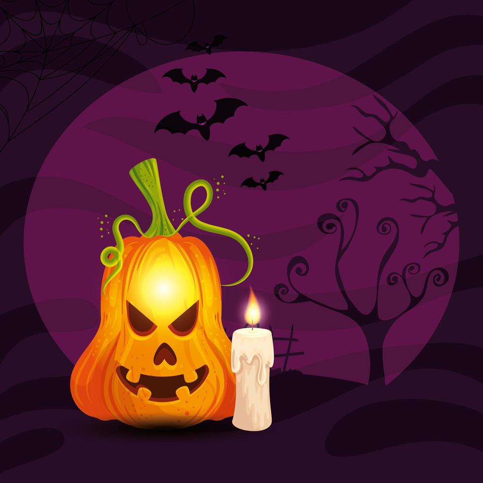 pumpkin with candle in scene halloween vector