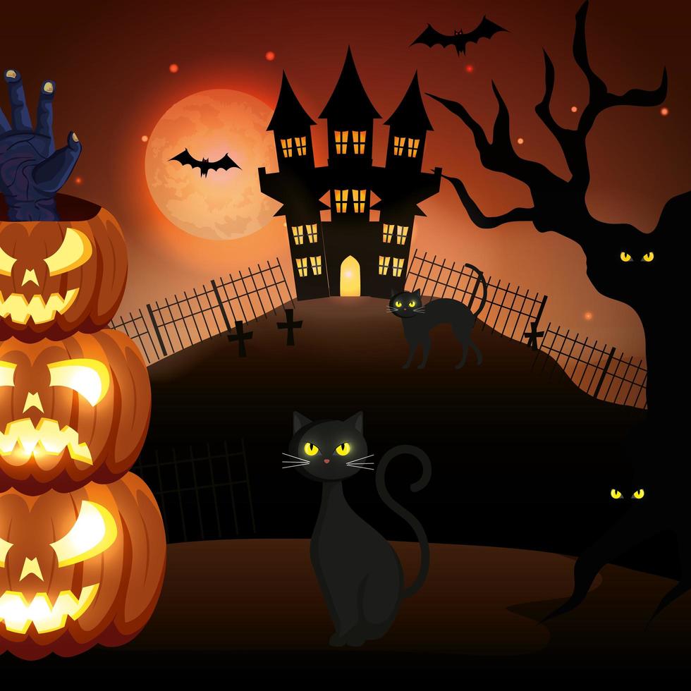 gatos con calabazas y castillo embrujado en escena de halloween vector