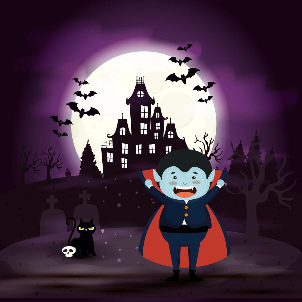 chico lindo disfrazado de drácula en escena halloween vector