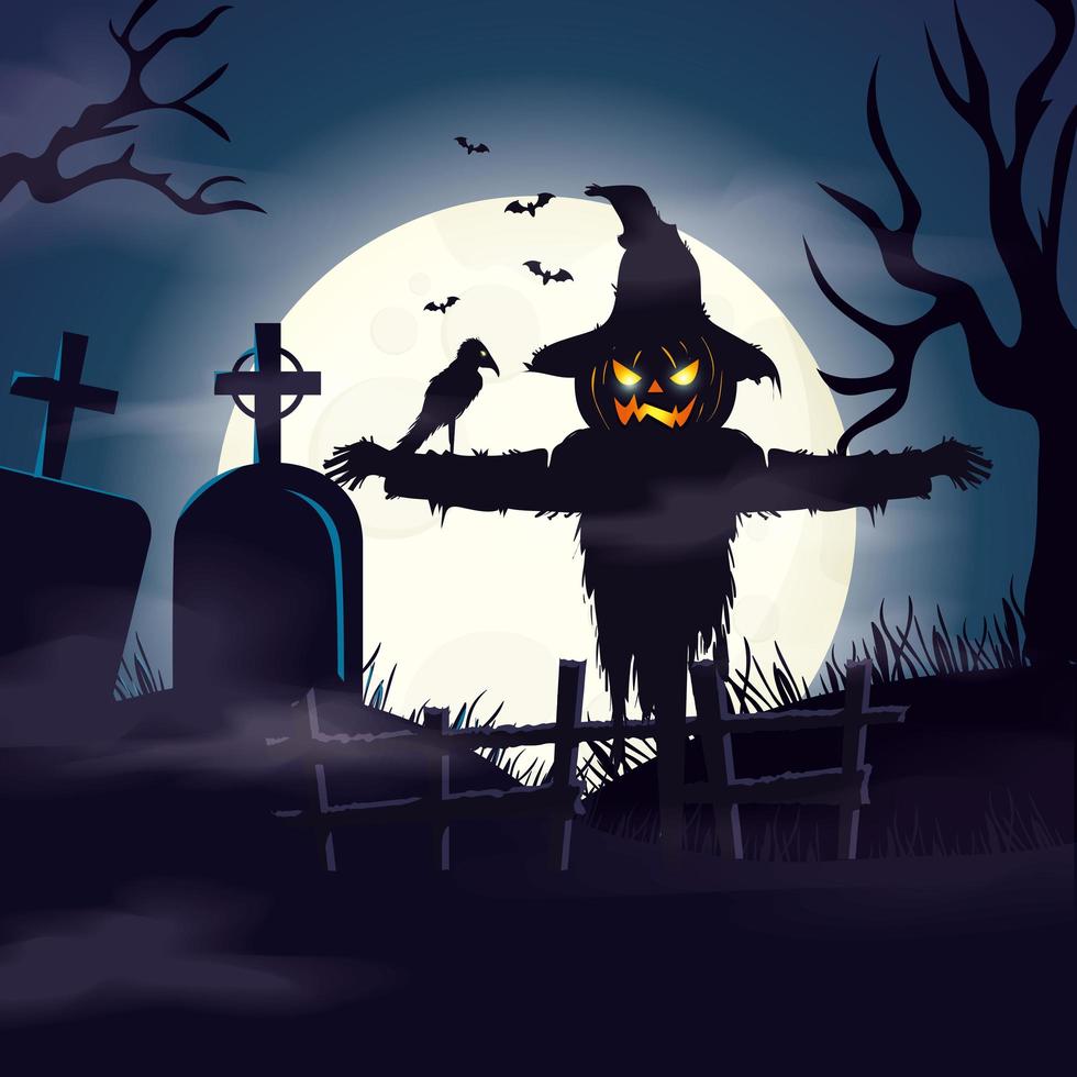 scarecrow in cemetery in scene halloween vector