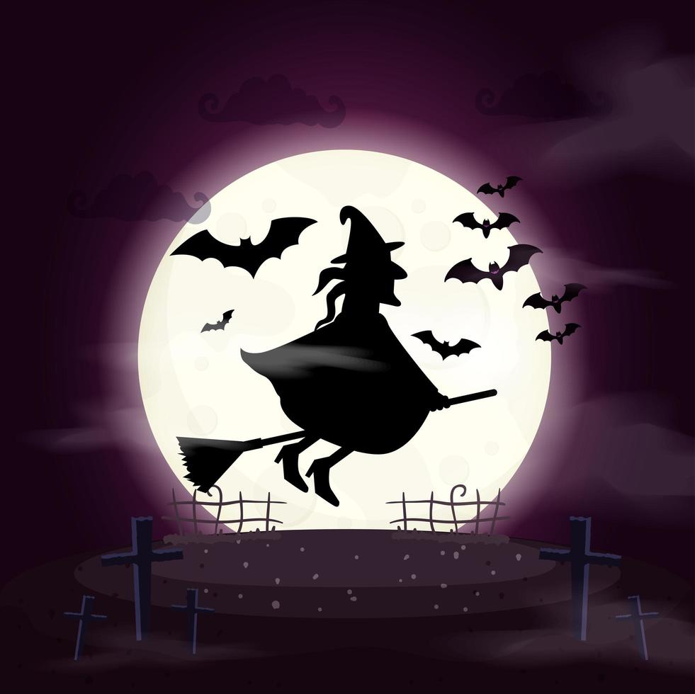 witch flying in broom scene halloween vector