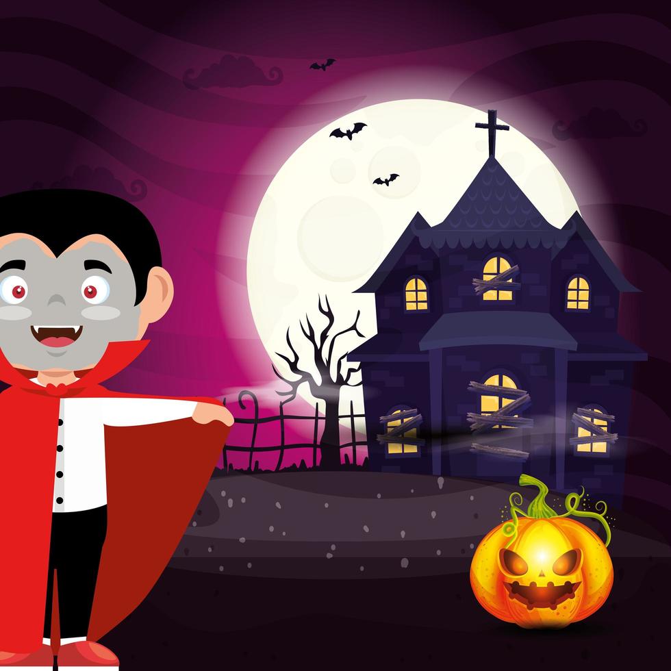 boy disguised of dracula with haunted house vector