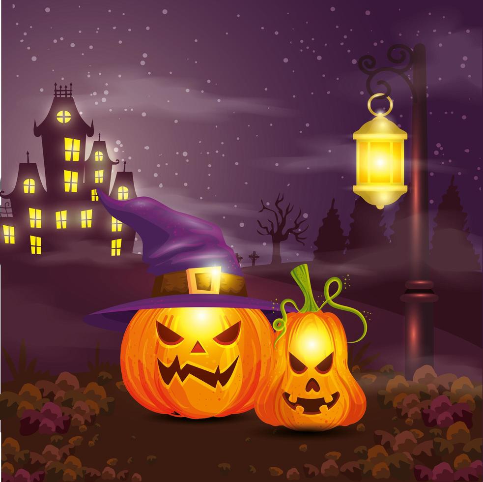 pumpkins with hat witch in scene halloween vector