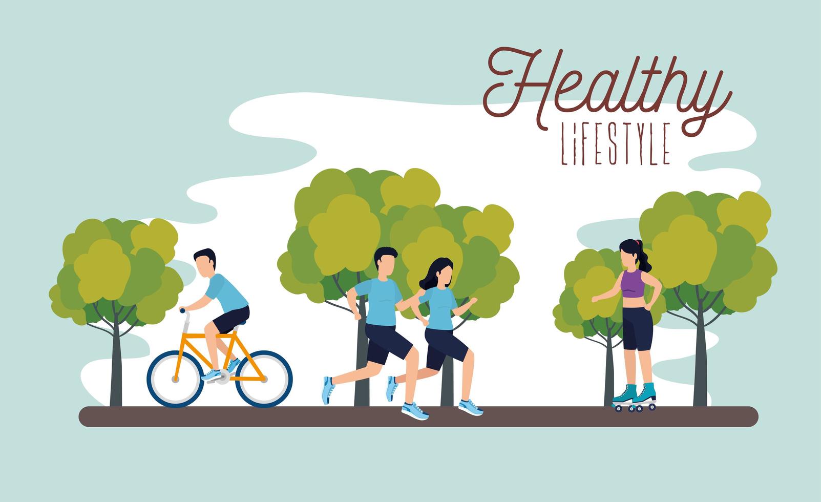 healthy lifestyle poster with athletes in park vector