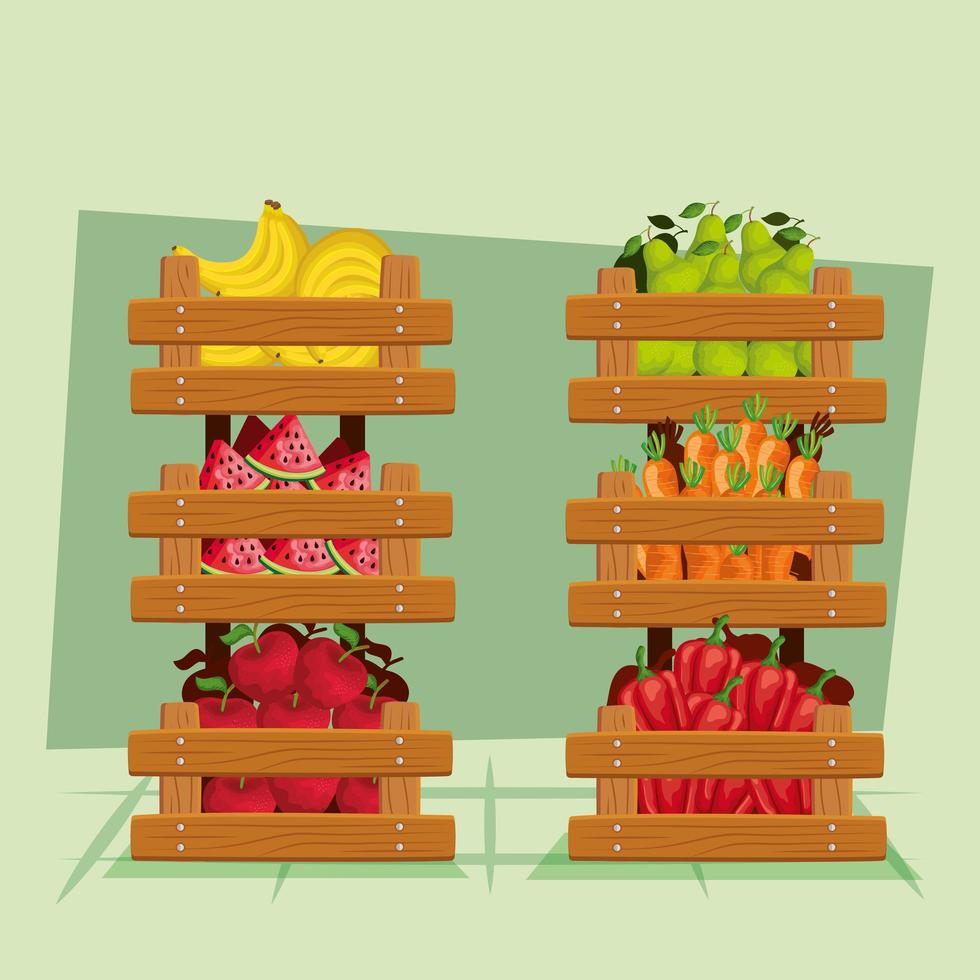 Fruits and vegetables inside wood furniture vector design