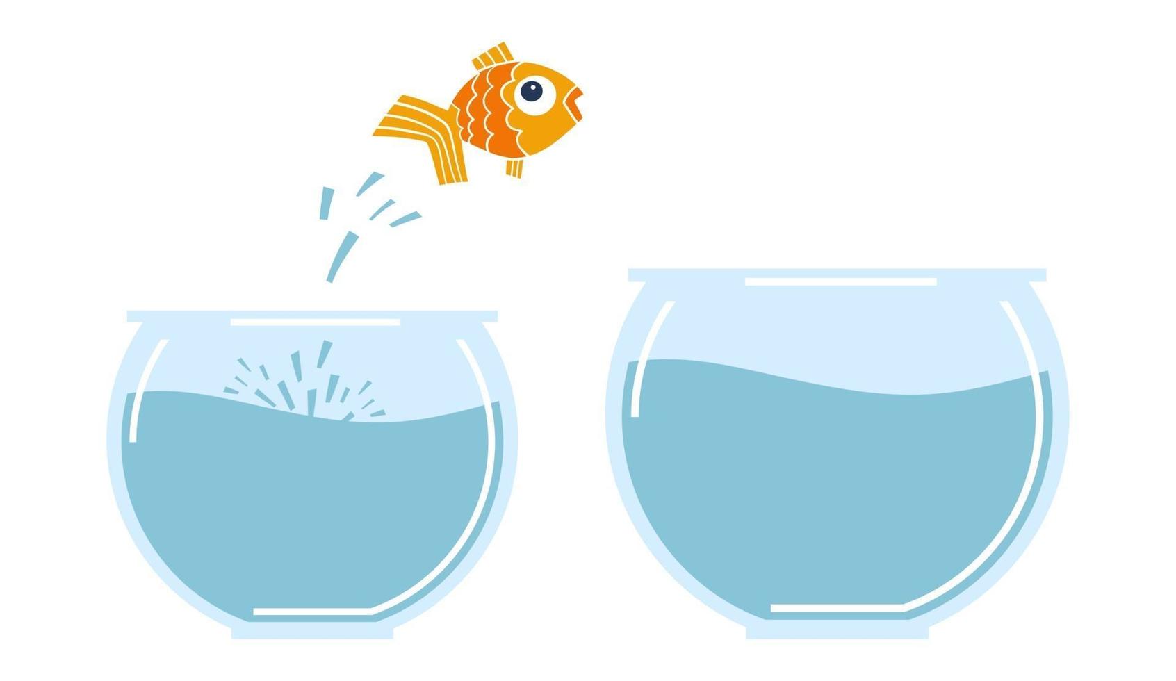 Goldfish jumping from small bowl to other bigger fishbowl. vector