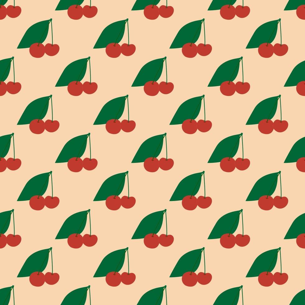 A pattern of red cherries on a beige background. vector