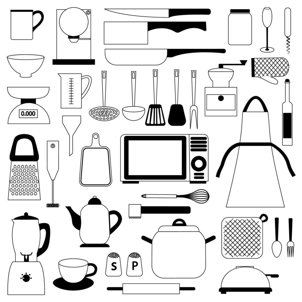 una colección de utensilios, herramientas y accesorios de cocina. vector
