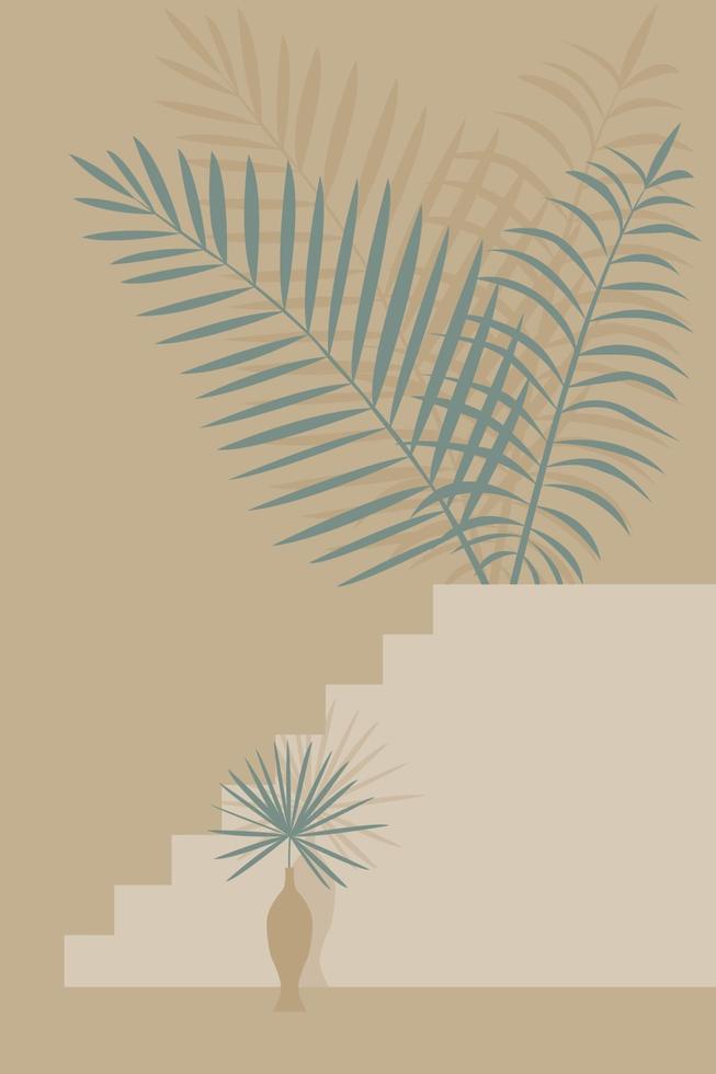 Abstract minimalistic landscape with a staircase, a vase and leaves. vector