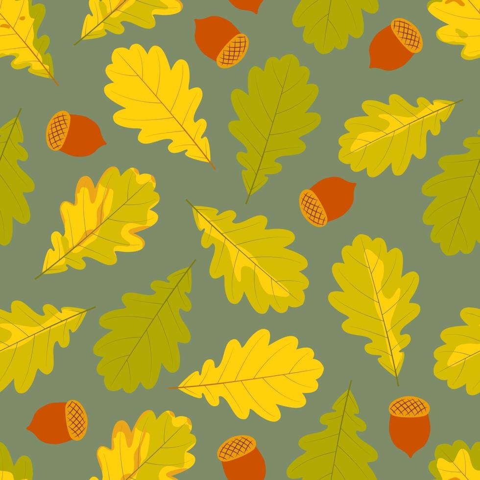 Autumn pattern of oak leaves and acorns on a green background. vector