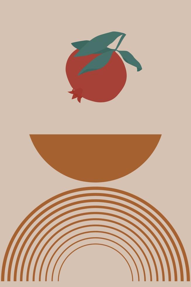 Abstract shapes and pomegranate fruit, boho style picture. vector