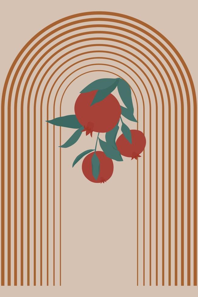 Abstract arches and branches of juicy pomegranates. vector