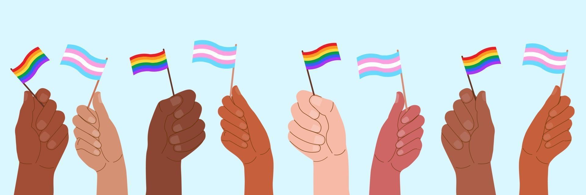 People hold flags with LGBT symbols. vector