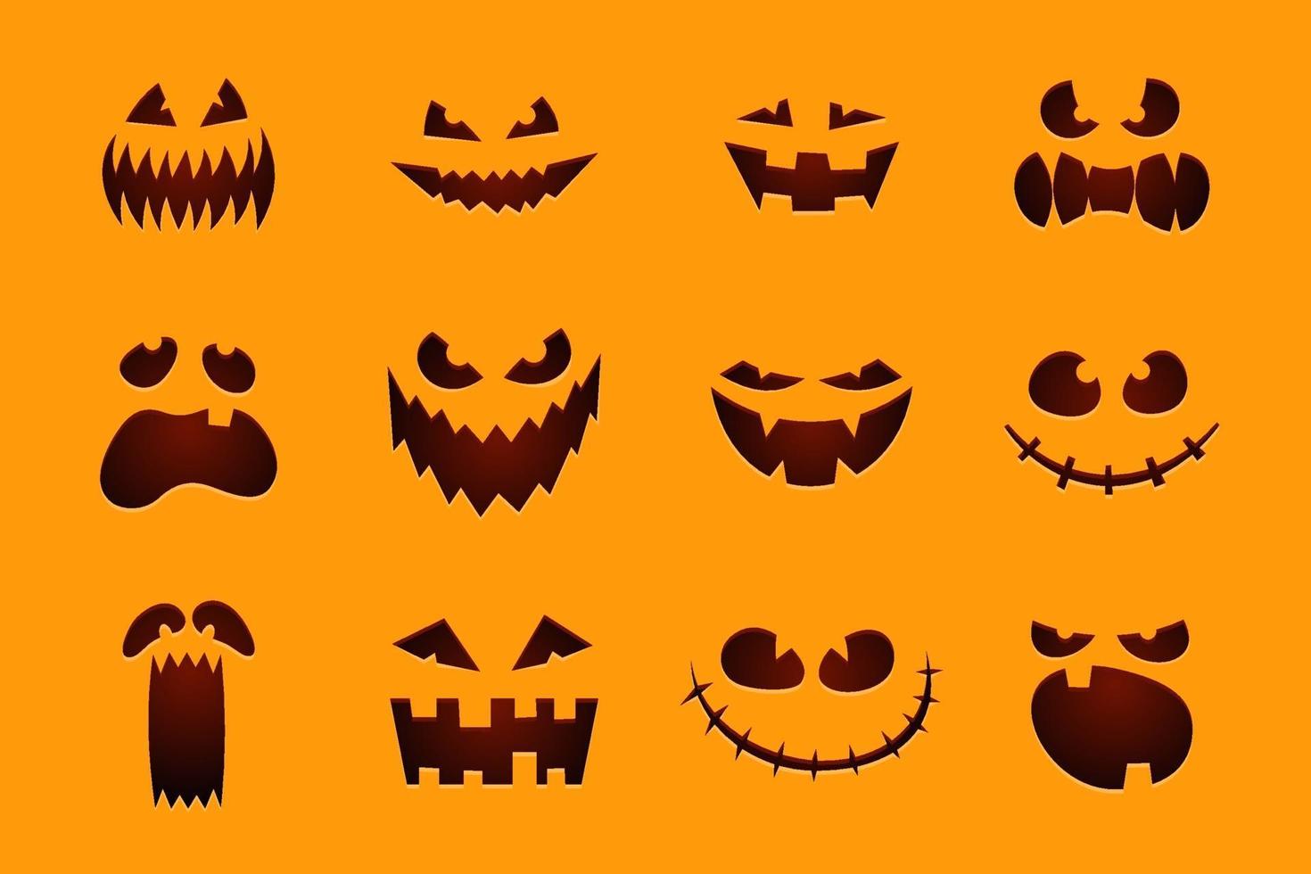 Halloween monster jack lantern pumpkin carved glowing scary face set vector