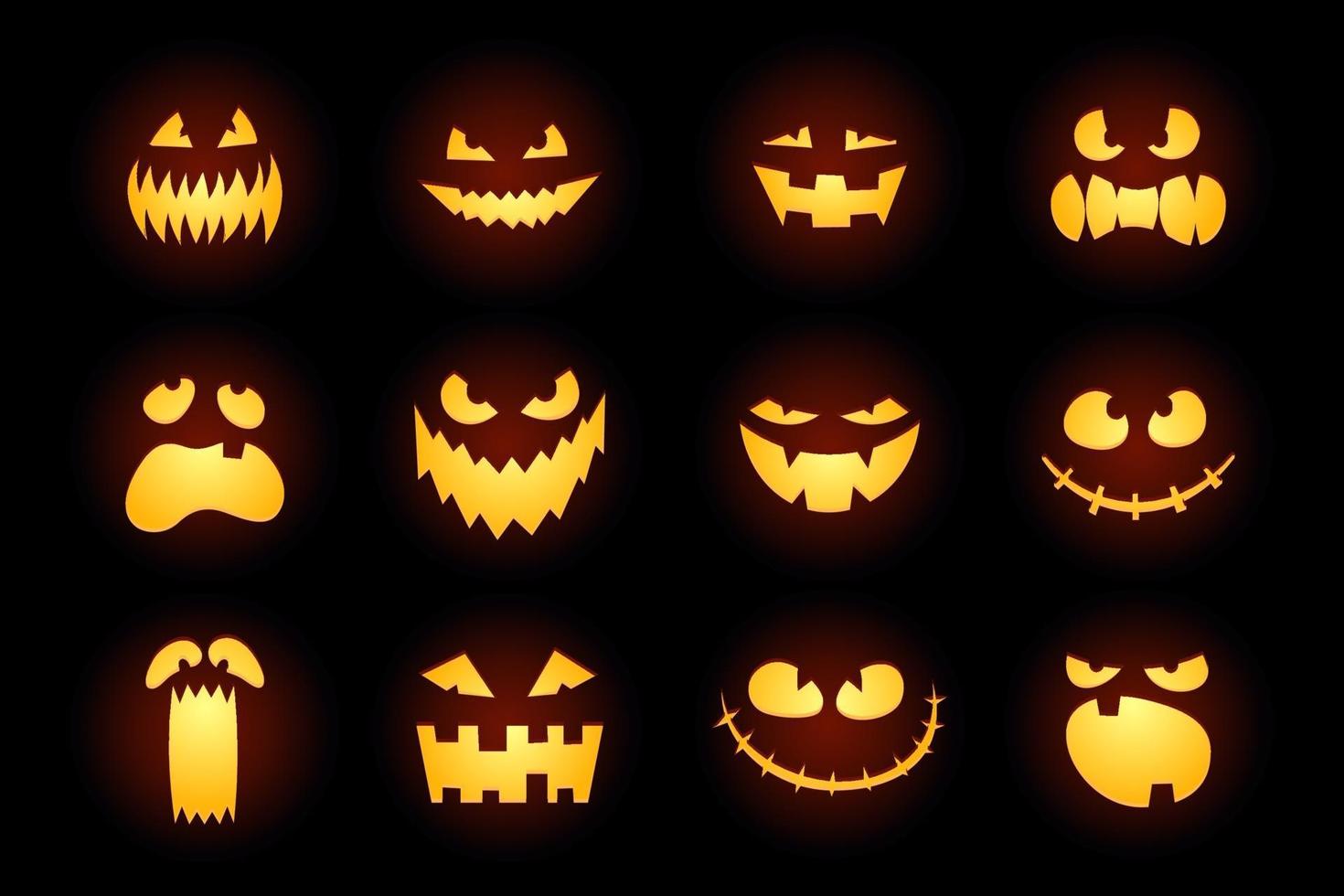 Halloween monster jack lantern pumpkin carved glowing scary face set vector