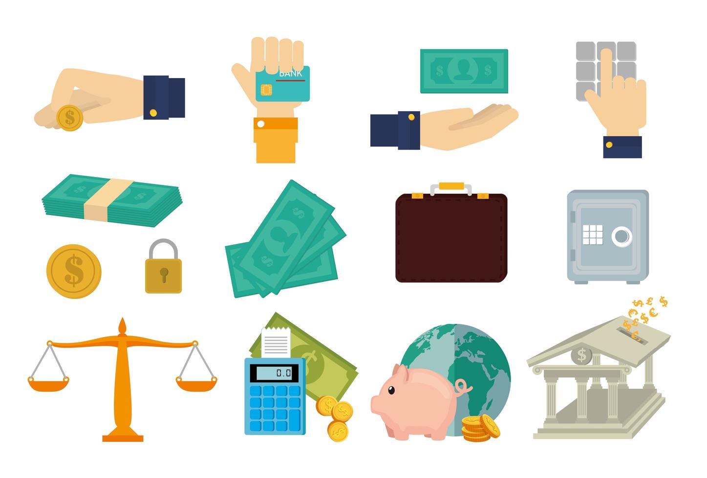 bundle of hands with finance set icons vector