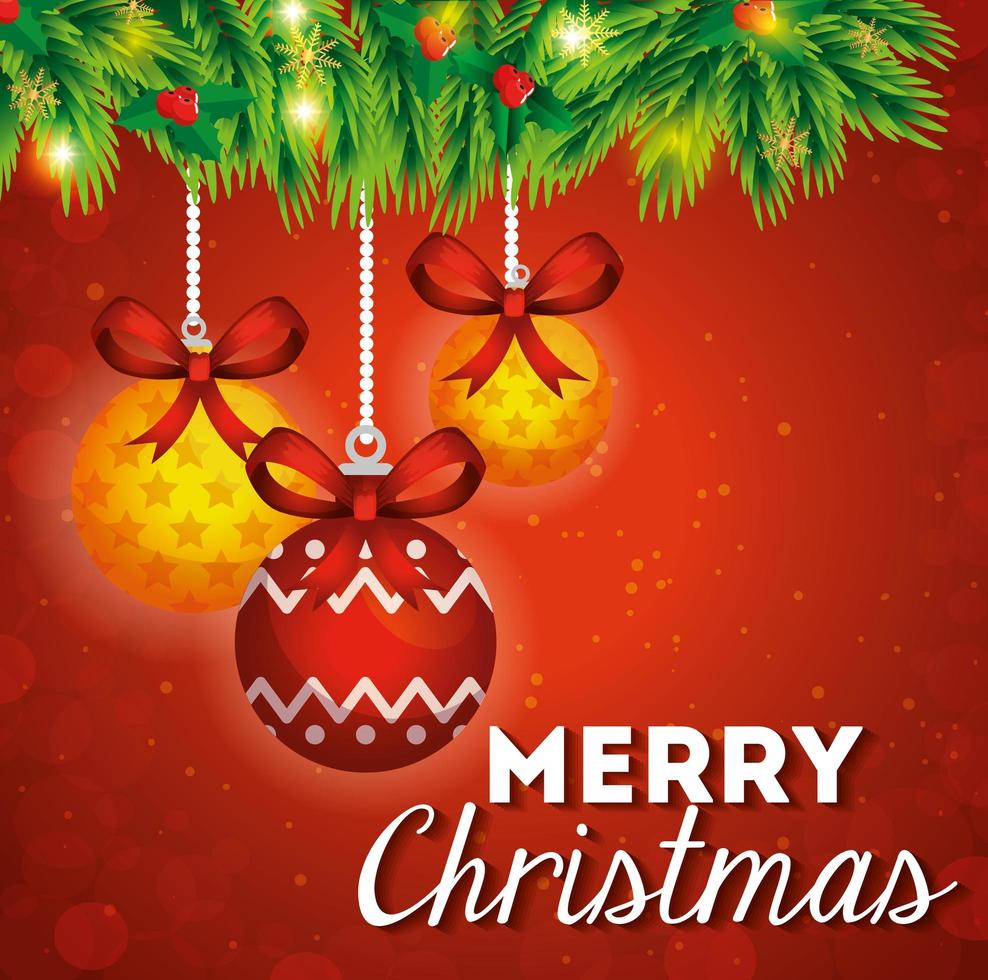 merry christmas card with balls hanging and decoration vector