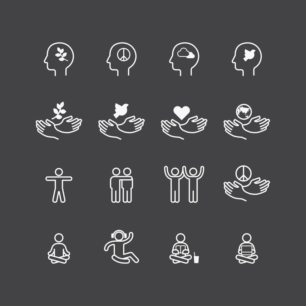 iconos de paz conjunto de vectores de diseño de línea plana. relájate bien piensa en buena vida