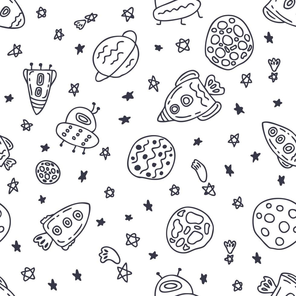 Doodle vector seamless pattern of rockets and planets in space