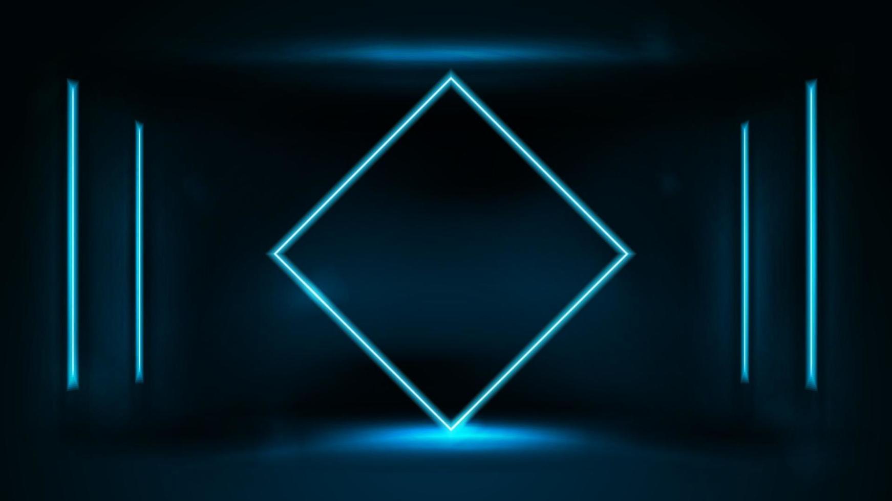 Neon blue diamond-shaped frame with line neon lamp on wall vector